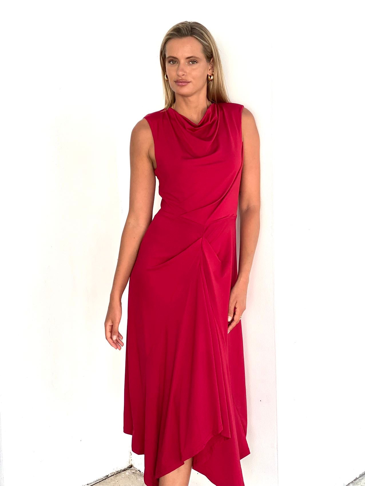 LA1488SS Sleeveless Draped Midi Dress