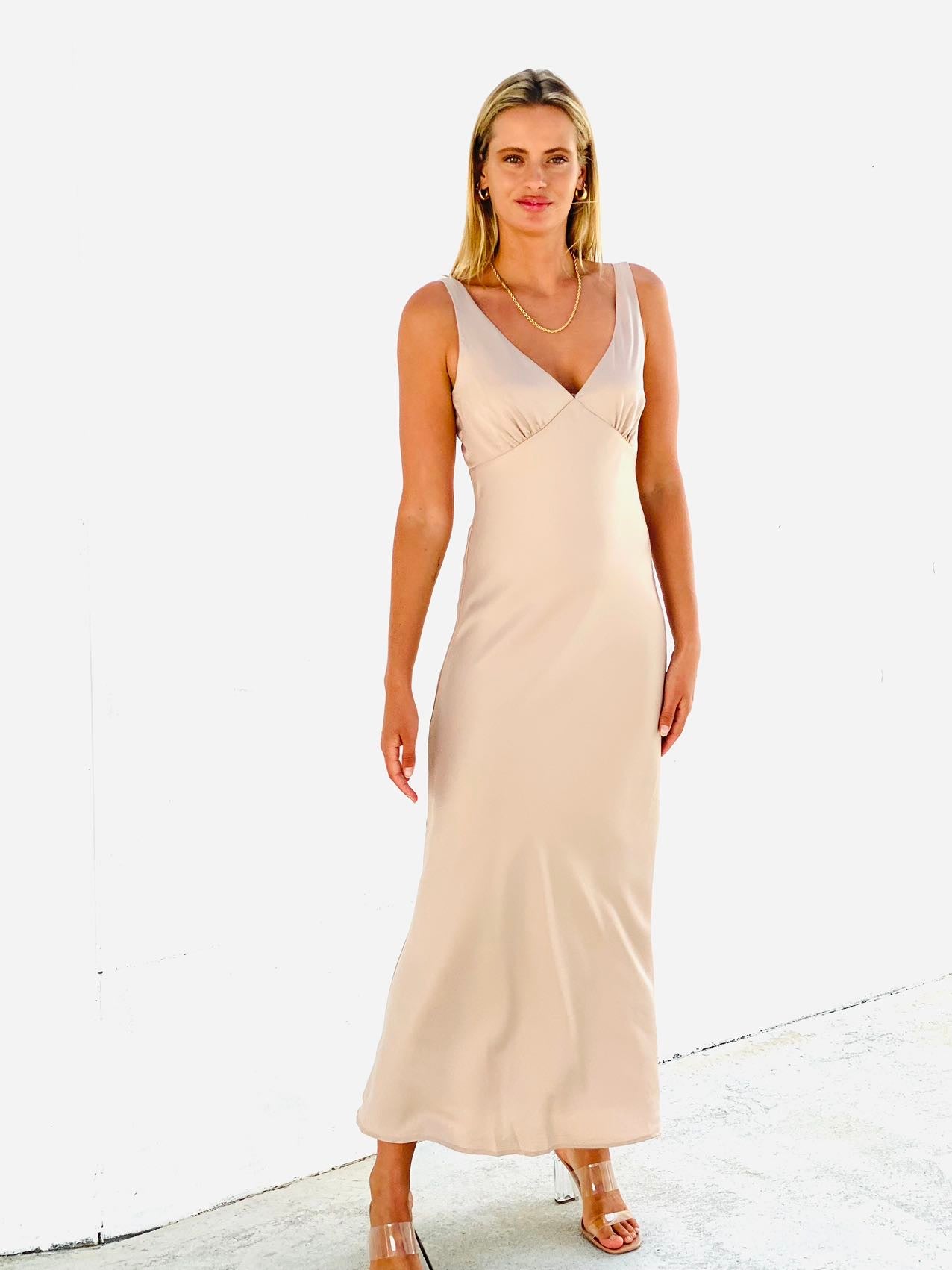 LA1522-1SS Satin Champagne Maxi Dress