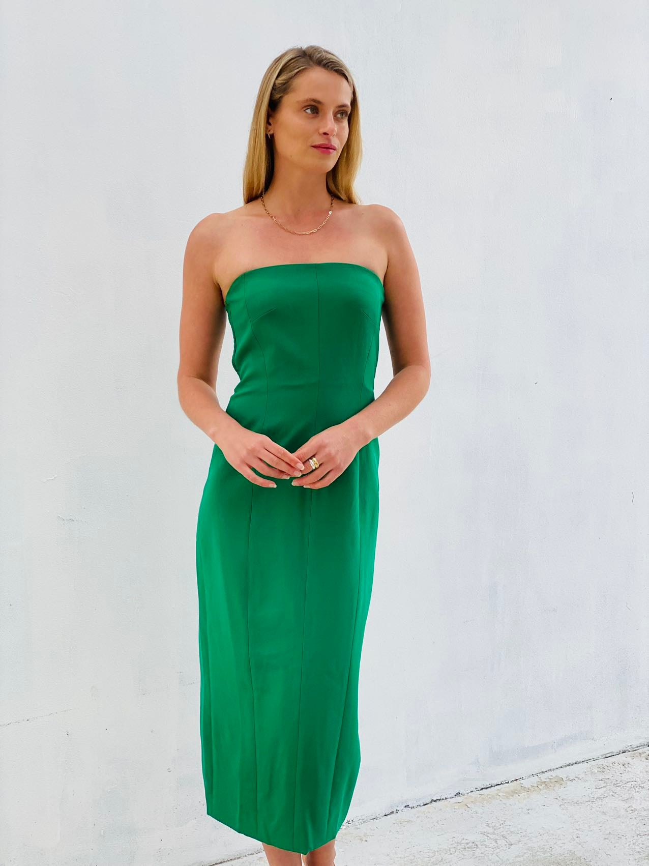 LA1429SS Strapless Split Back Midi Dress - More Colour Available