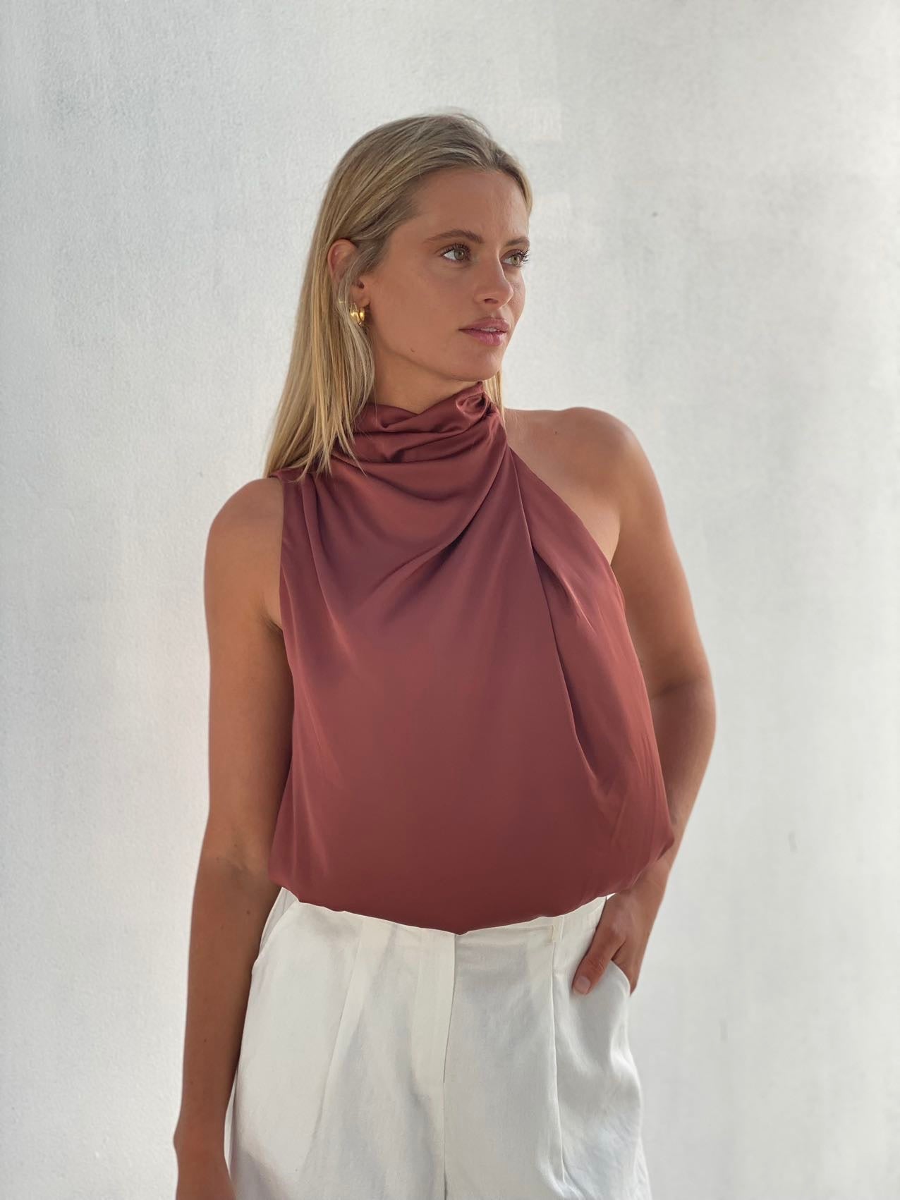 XW20748SS Asymmetrical Sleeve Cut Satin Top