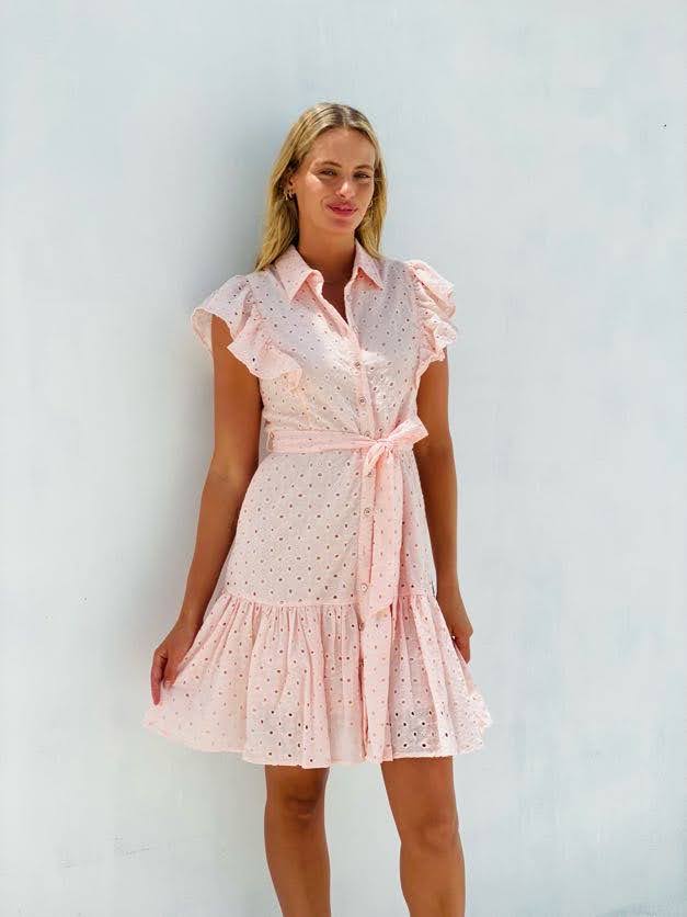 XW20710SS Embroidered Ruffle Sleeve Mini Dress