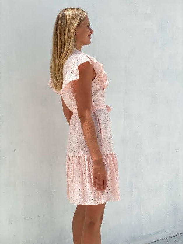 XW20710SS Embroidered Ruffle Sleeve Mini Dress