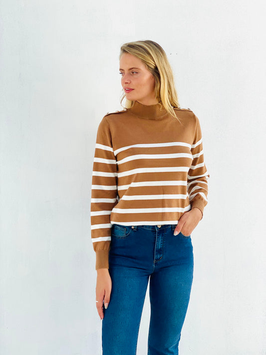 LY23143SS Striped Sweater with Army Gold Buttons