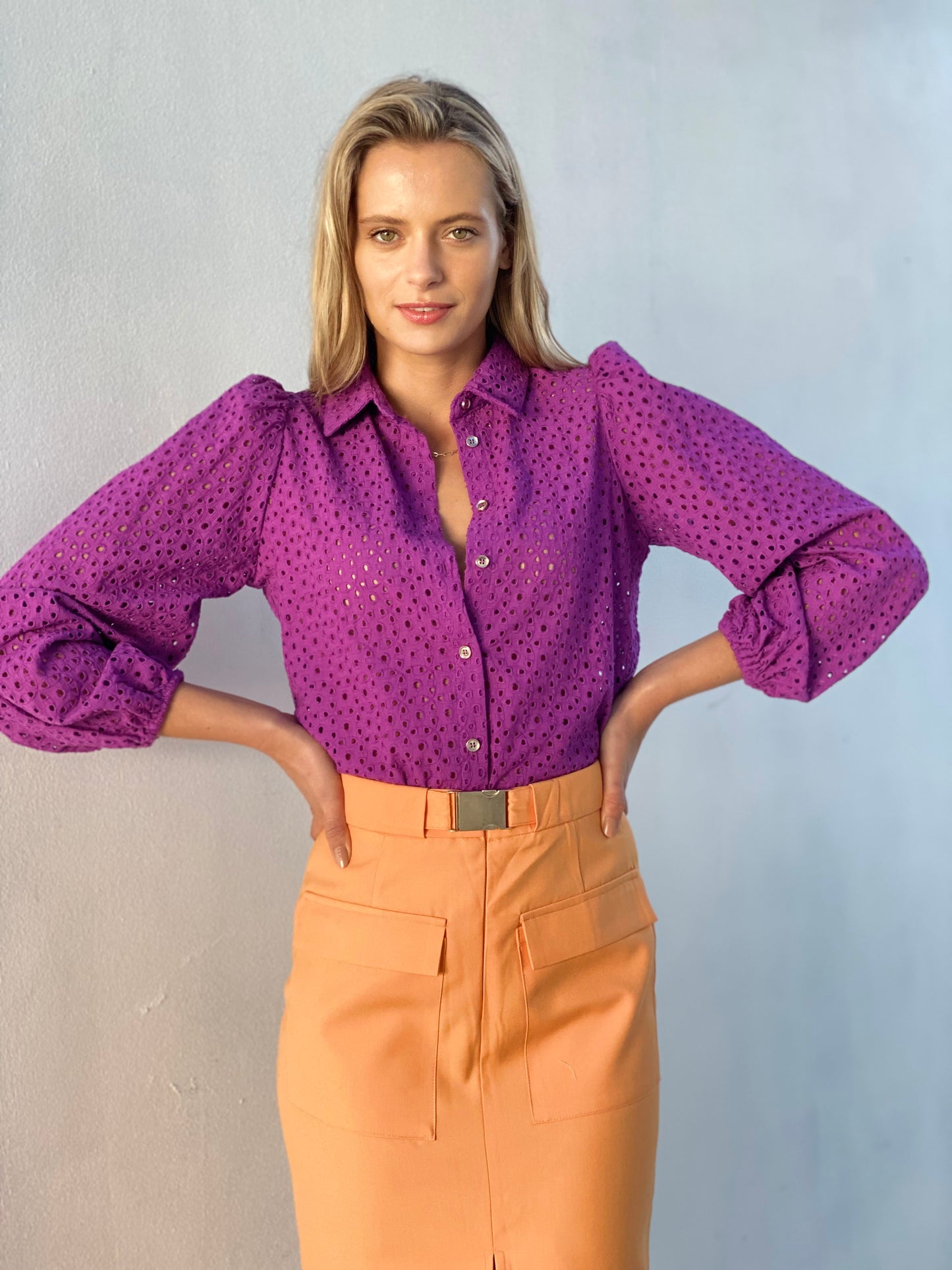 LA1227-2SS Embroidered Button Up Top - More Colours Available