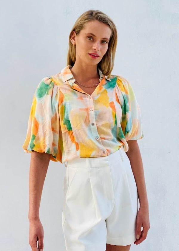 LA1065-5SS Watercolour Bubble Sleeve Top