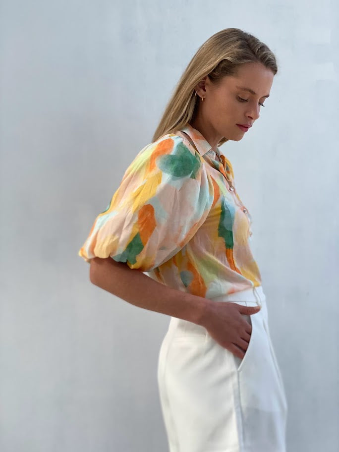 LA1065-5SS Watercolour Bubble Sleeve Top