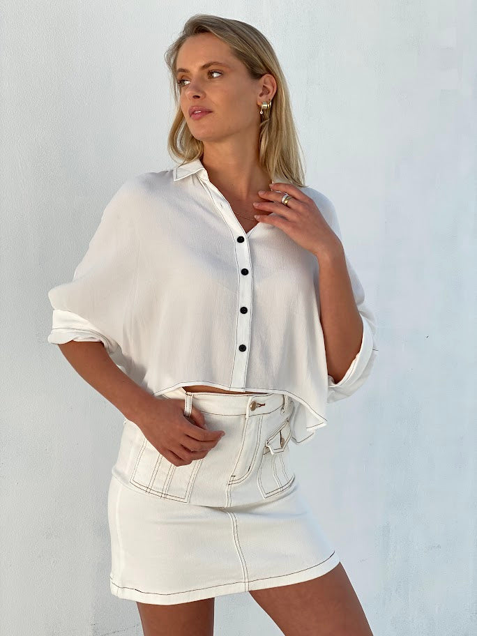 LA1410SS White Cropped Button Up Shirt