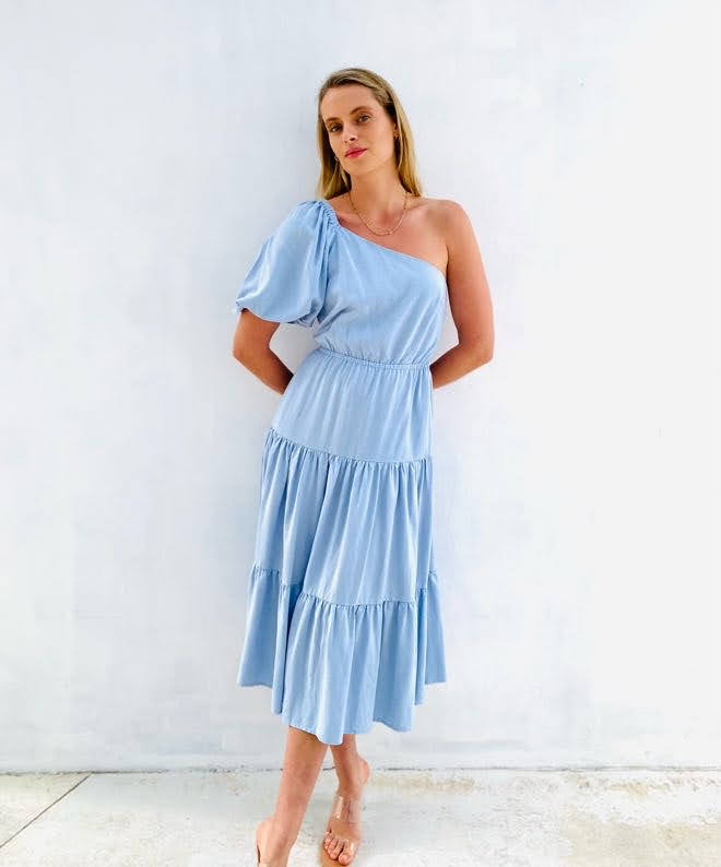 LA1478SS One Shoulder Bubble Sleeve Dress