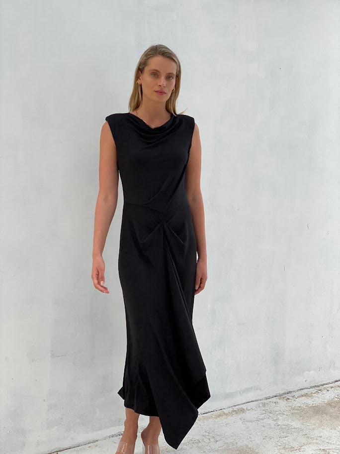 LA1488SS Sleeveless Draped Midi Dress