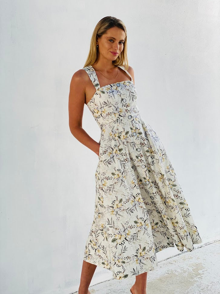 LA1495SS Floral Square Neck Midi Dress