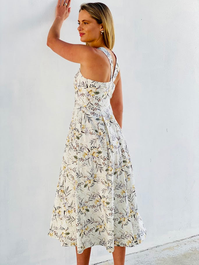 LA1495SS Floral Square Neck Midi Dress