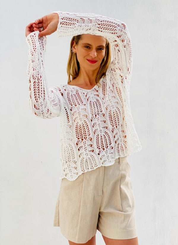 LA1530SS Crochet Knit V-Neck Top - More Colours Available