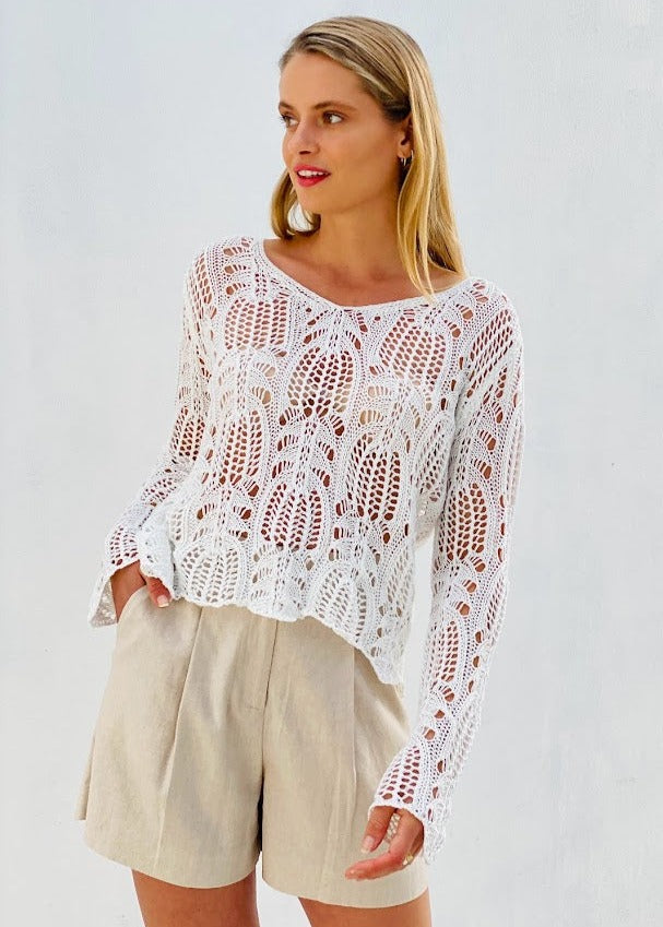 LA1530SS Crochet Knit V-Neck Top - More Colours Available