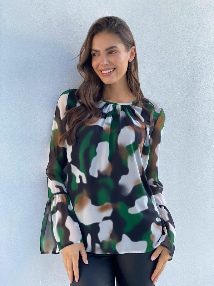 XW20664SS Abstract Flare Sleeve Blouse