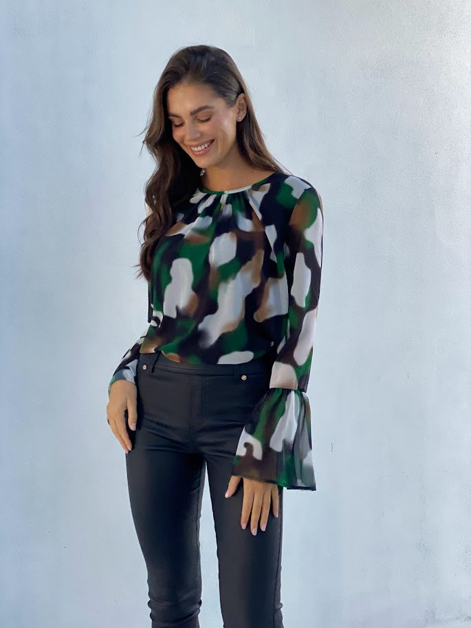 XW20664SS Abstract Flare Sleeve Blouse