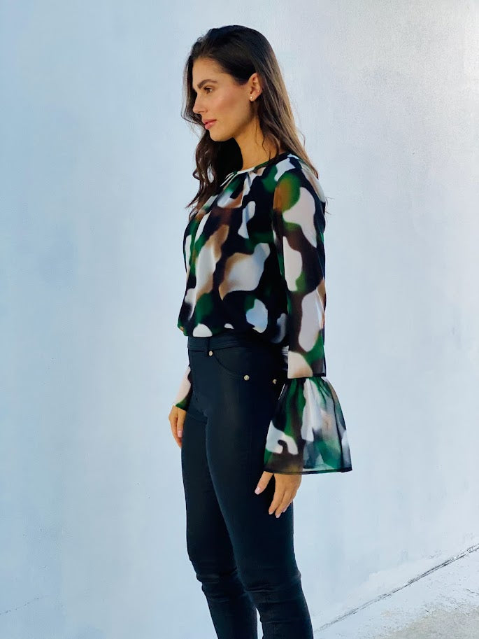 XW20664SS Abstract Flare Sleeve Blouse