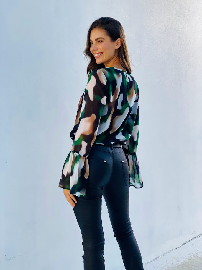 XW20664SS Abstract Flare Sleeve Blouse