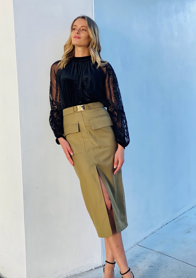 XW20686SS Utility Front Split Midi Skirt