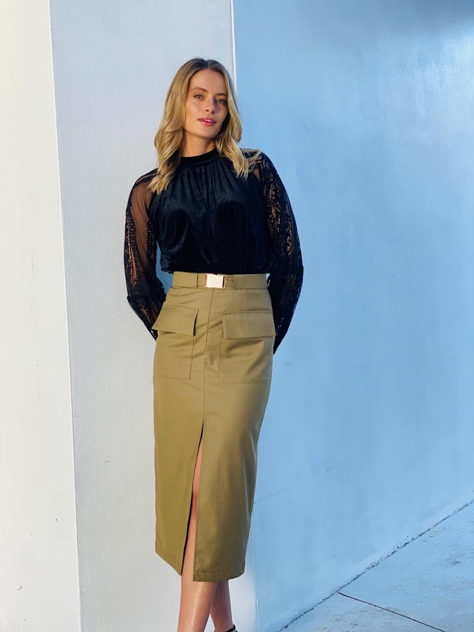 XW20686SS Utility Front Split Midi Skirt