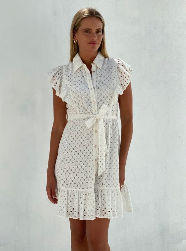 XW20710SS Embroidered Ruffle Sleeve Mini Dress