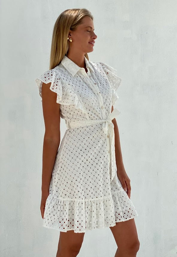 XW20710SS Embroidered Ruffle Sleeve Mini Dress
