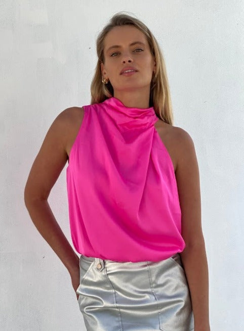 XW20748SS Asymmetrical Sleeve Cut Satin Top