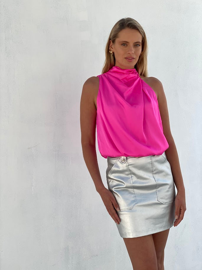 XW20748SS Asymmetrical Sleeve Cut Satin Top
