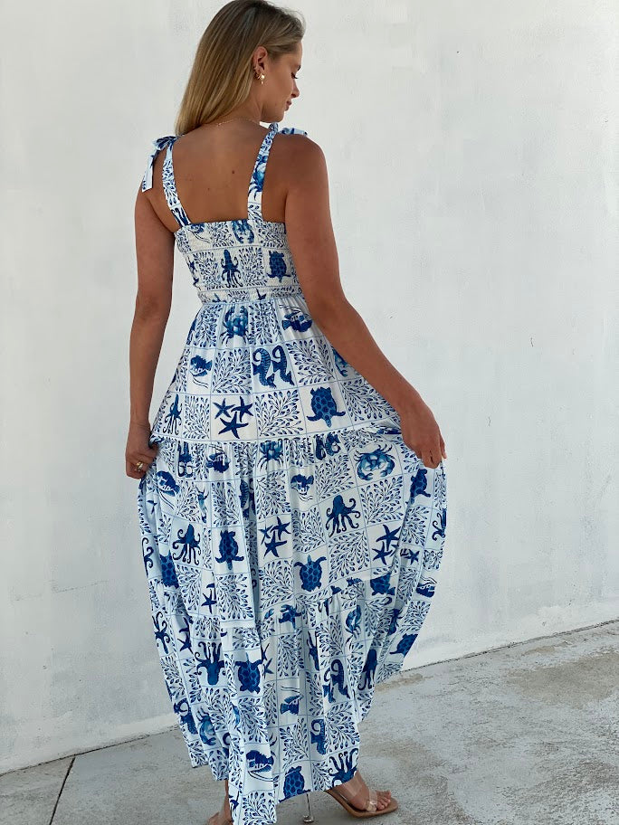 XW20772SS Ocean Print Bow Strapped Dress