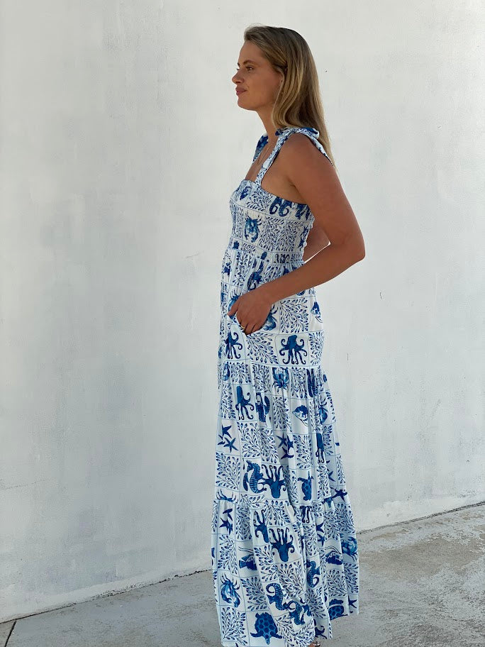 XW20772SS Ocean Print Bow Strapped Dress