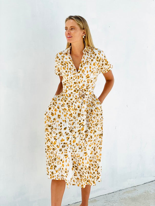 COS Leopard-Print Midi Shirt Dress in YELLOW / LEOPARD