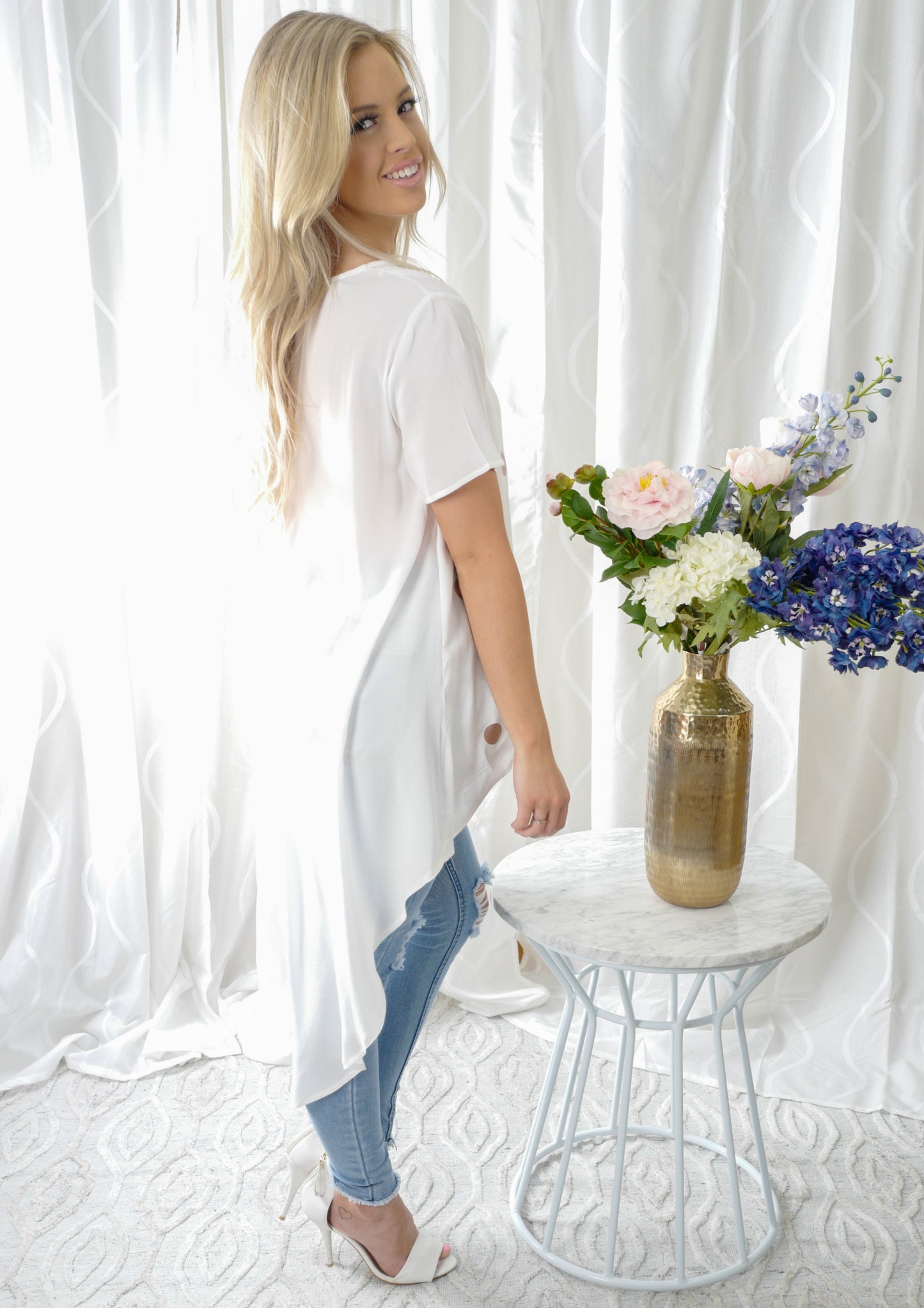 VY0428SS High Low Metallic Polka Dot Tee (Pack)
