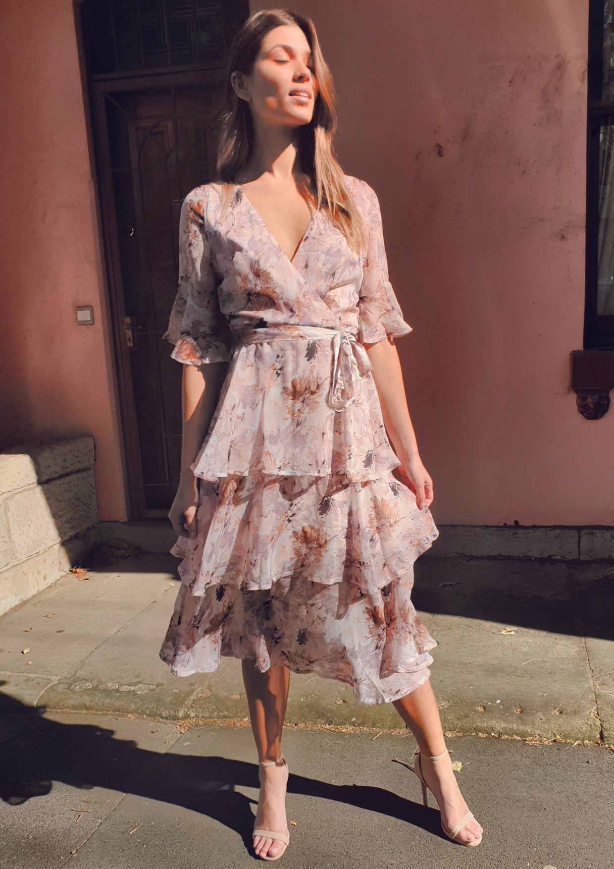 Pink floral ruffle clearance dress