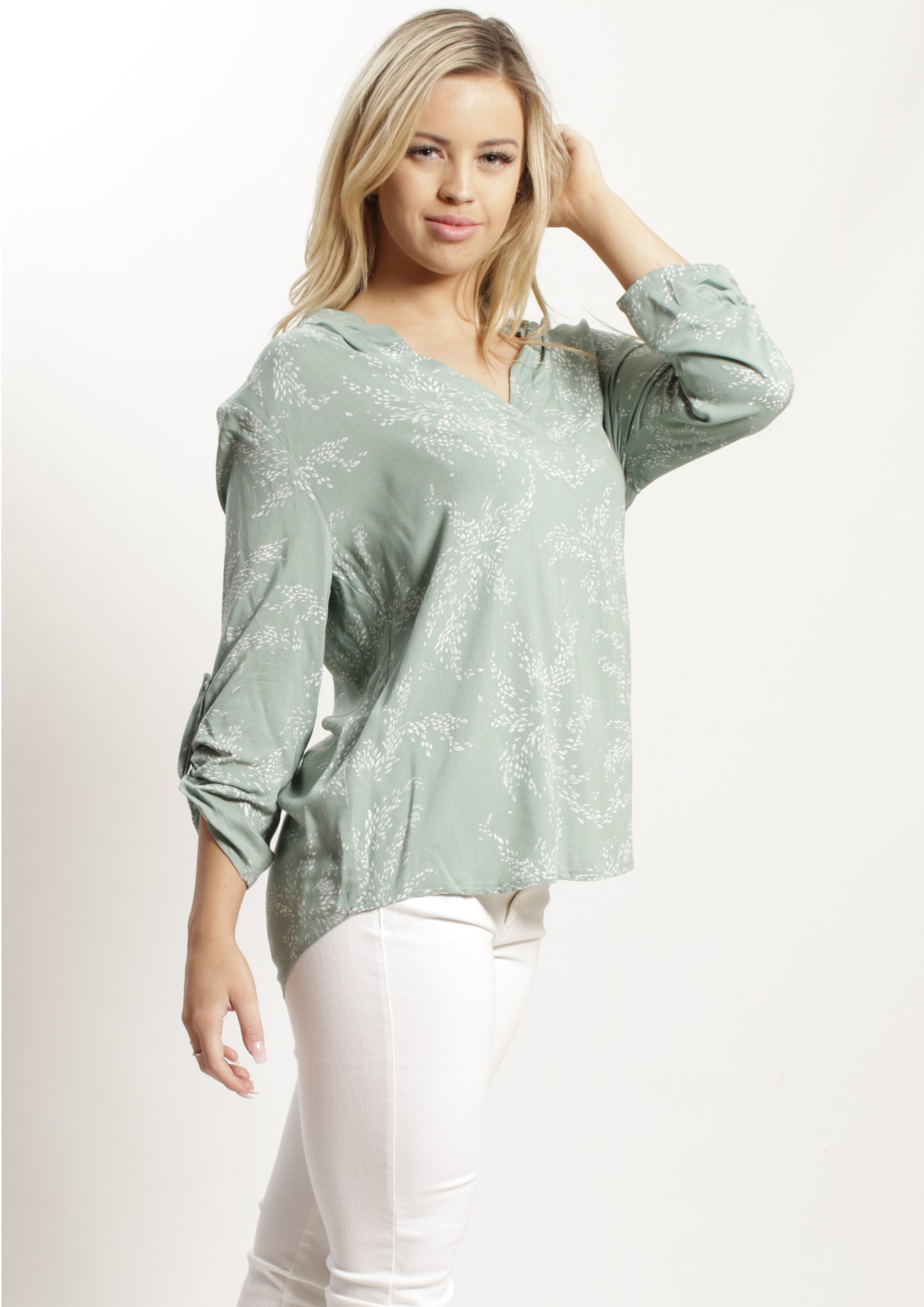 HS13021-172SS Fern Printed Johnny Collar Top (Pack)
