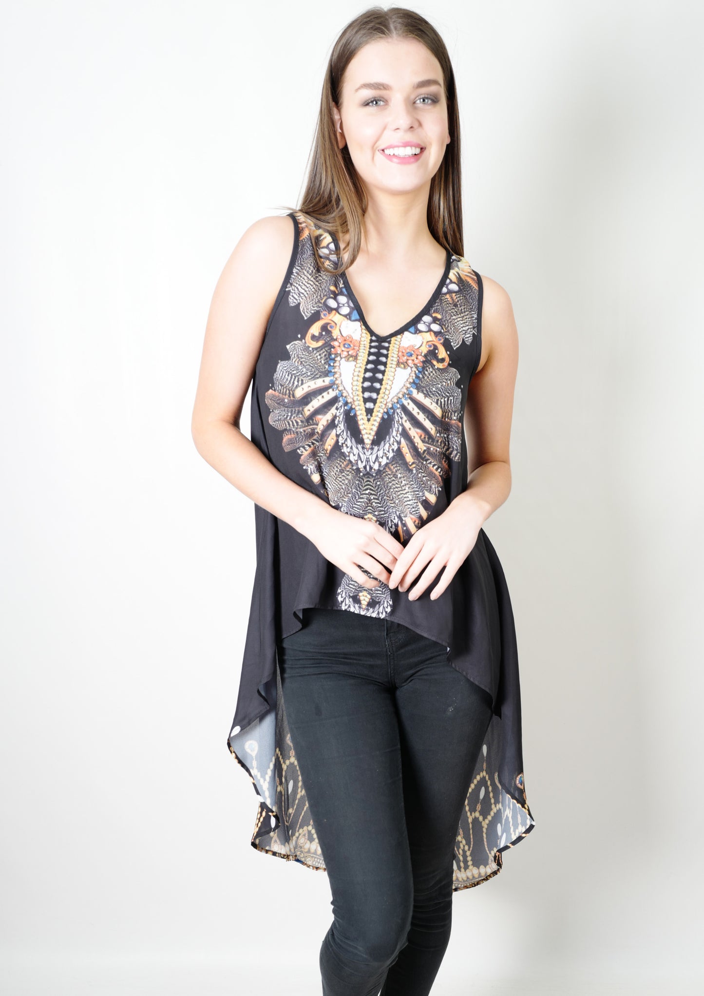 XW16122-17SS Dark Jewel Printed V-Neck High Low Top (Pack)