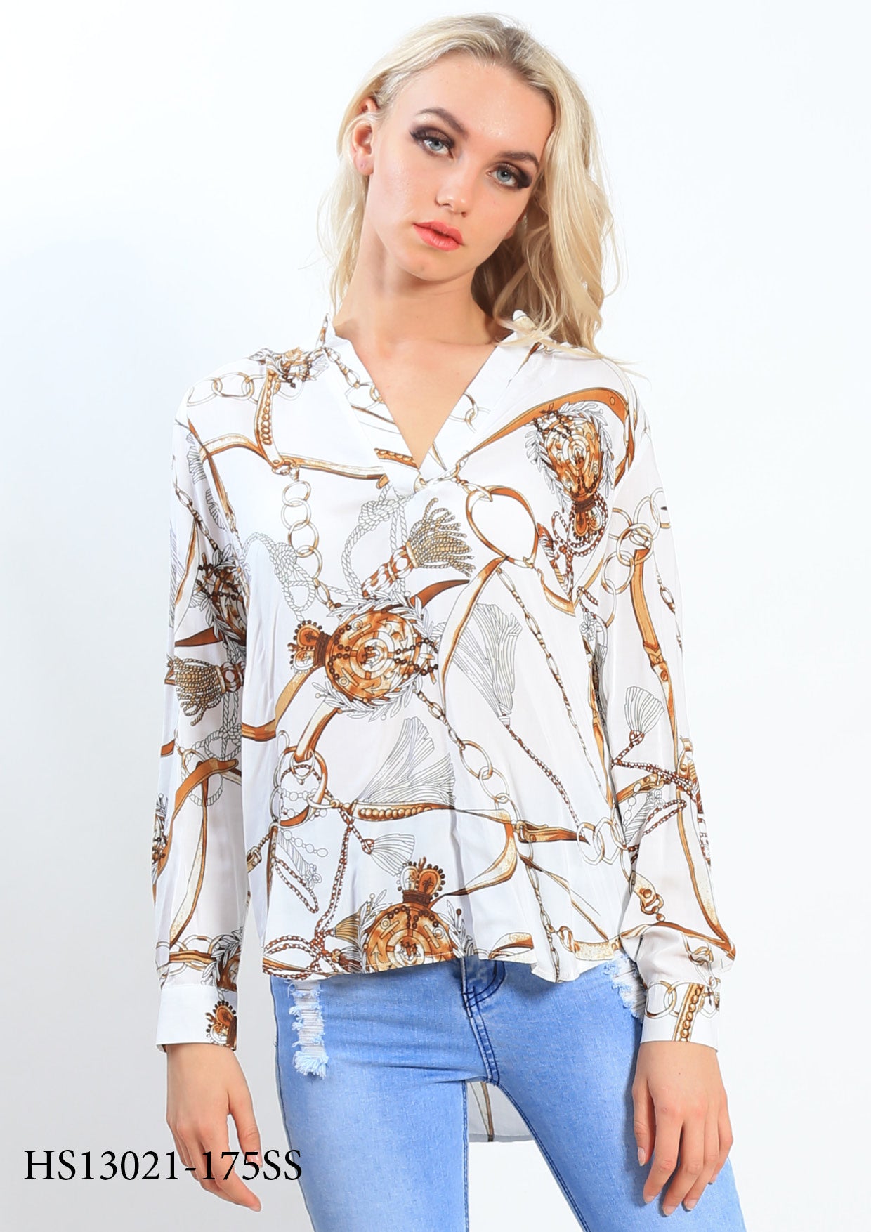 HS13021-175SS Chain Print Johnny Collar Top (Pack) New Arrivals
