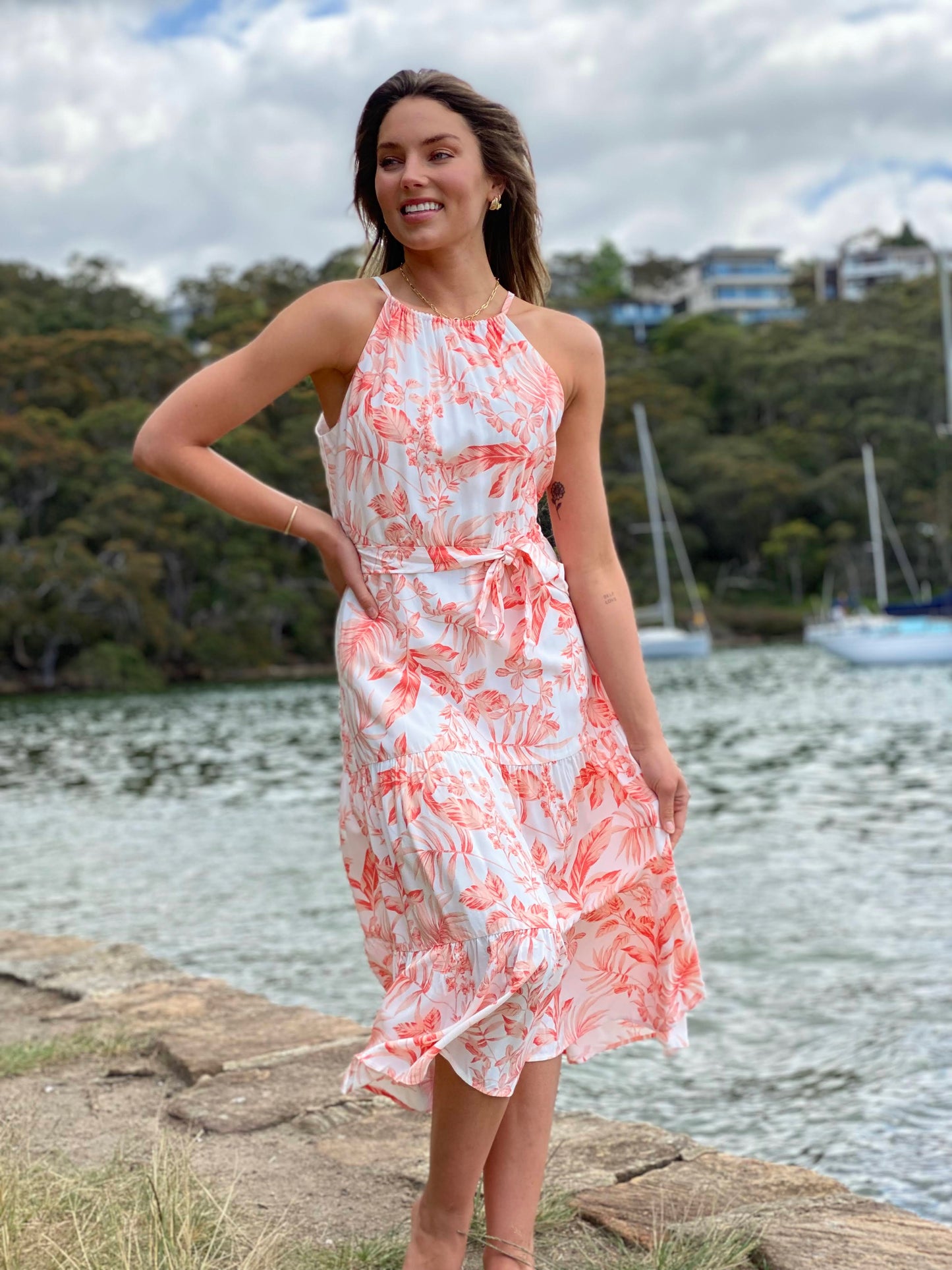 LA0360-5SS Leaf Print Tiered Midi Dress (Pack) New Arrival