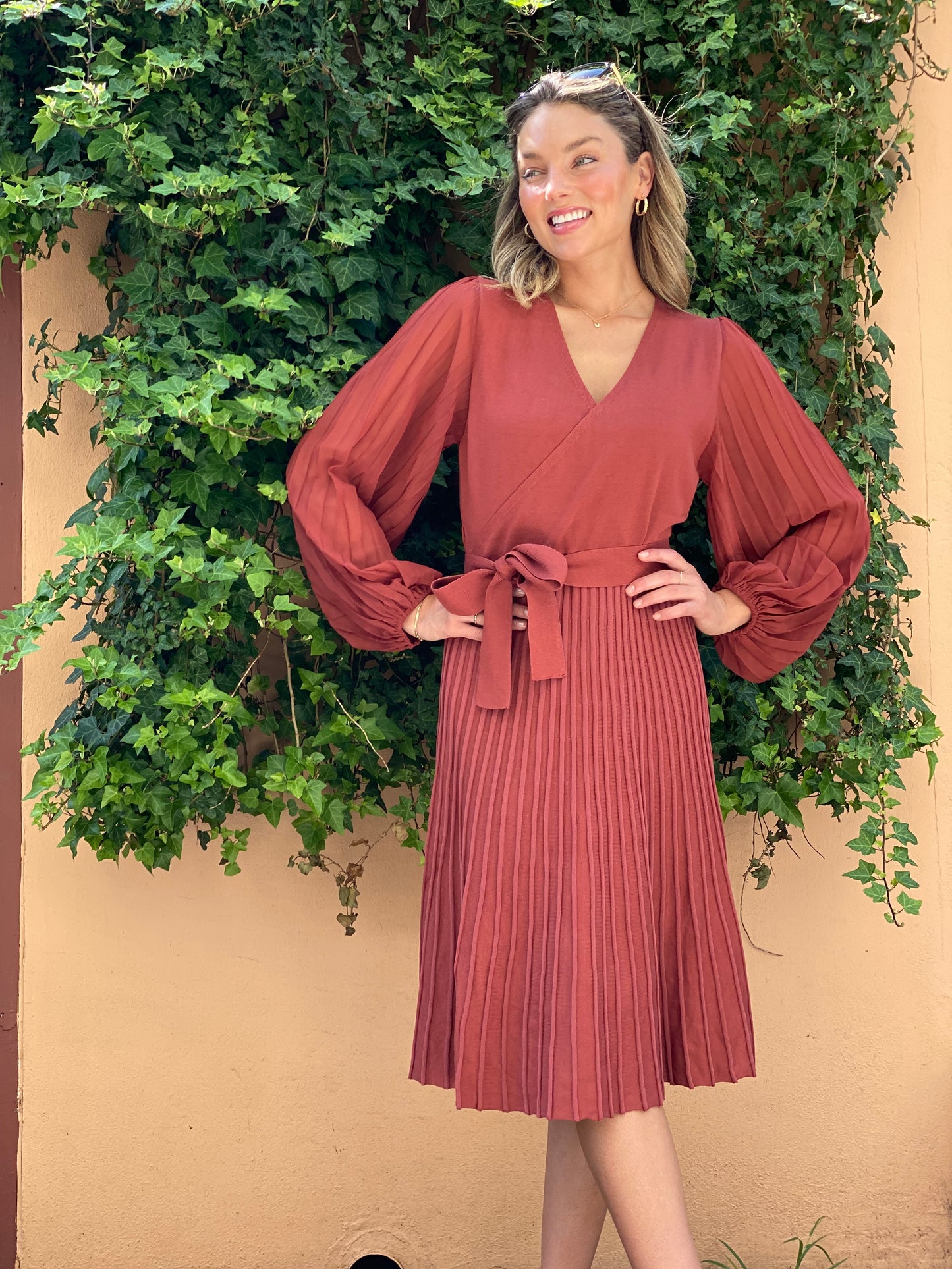 LA0545SS Knit Dress With Chiffon Sleeve - More Colours Available