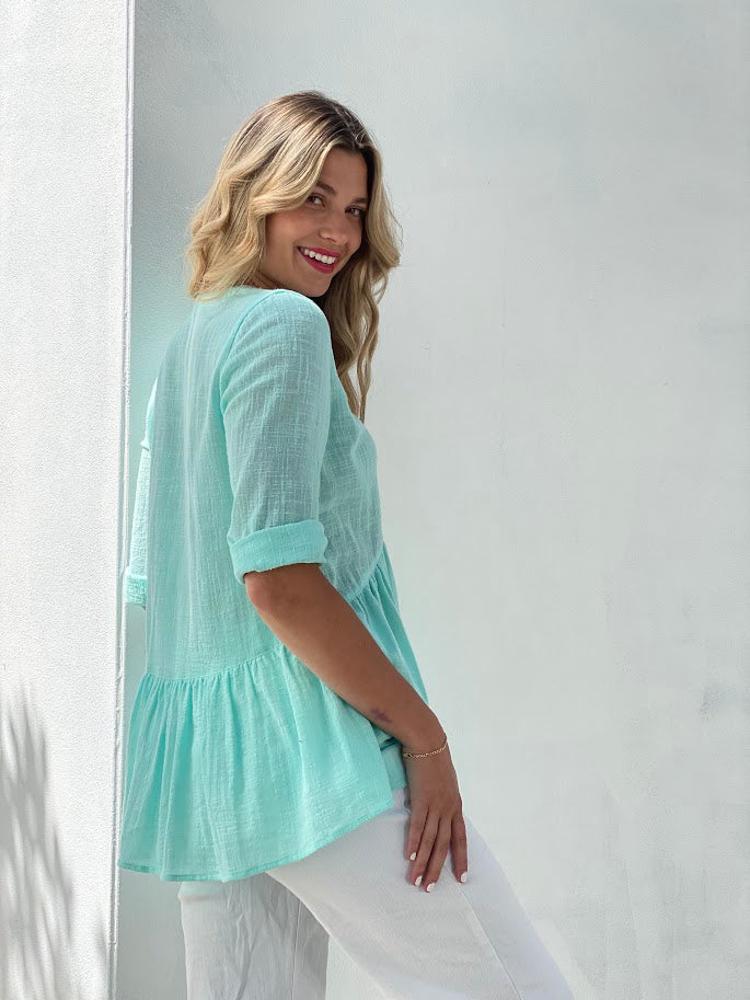 LA0486-1TB Buttoned Front V-Neck Top - ON Sale