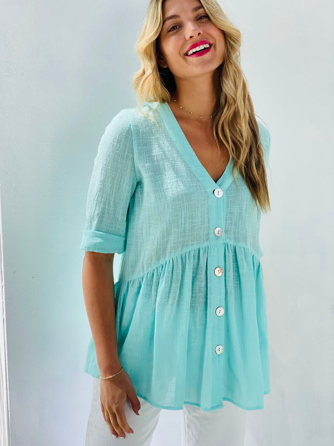 LA0486-1TB Buttoned Front V-Neck Top - ON Sale