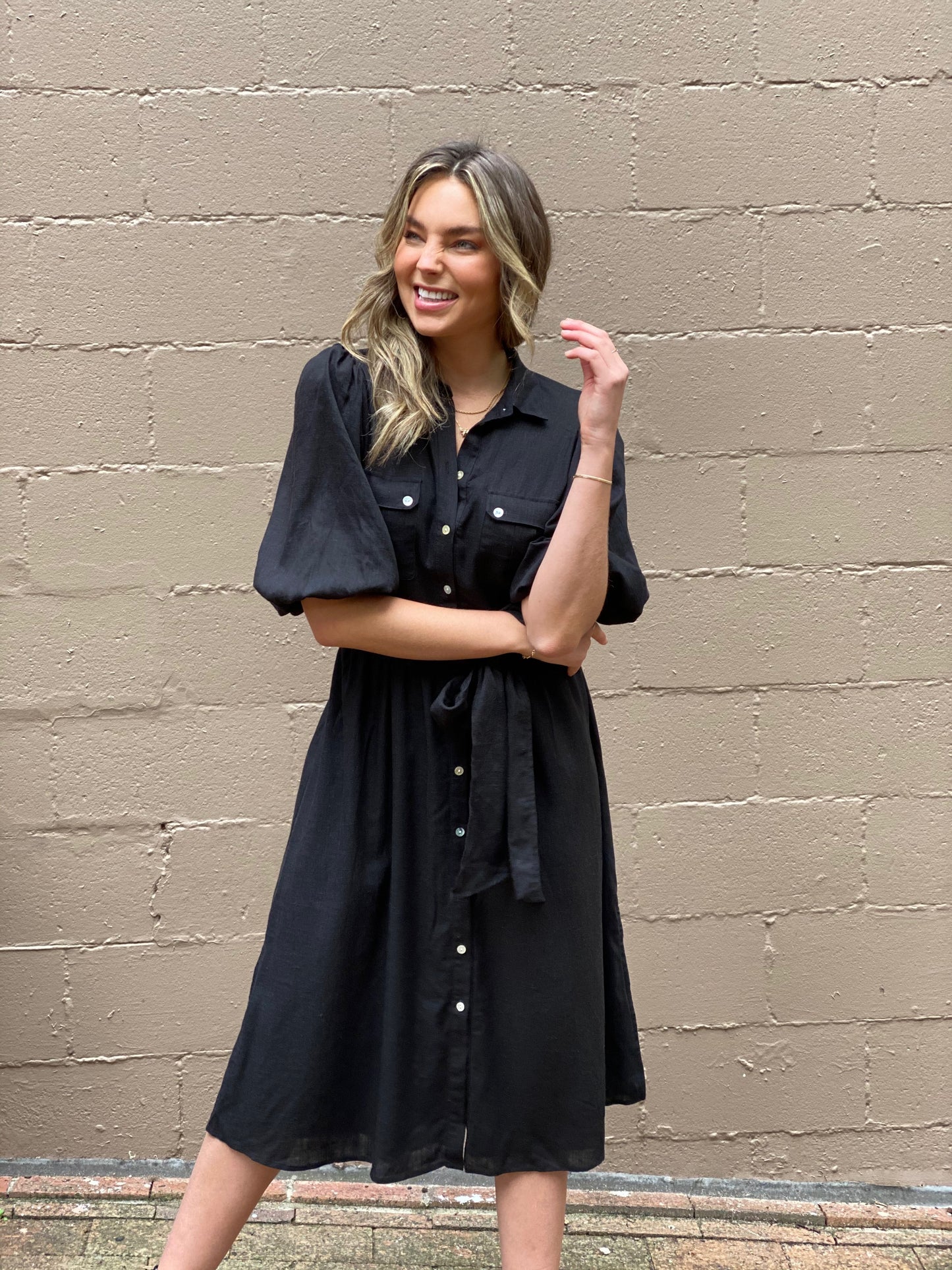 LA0901SS Linen Puff Sleeve Midi Dress (Pack)