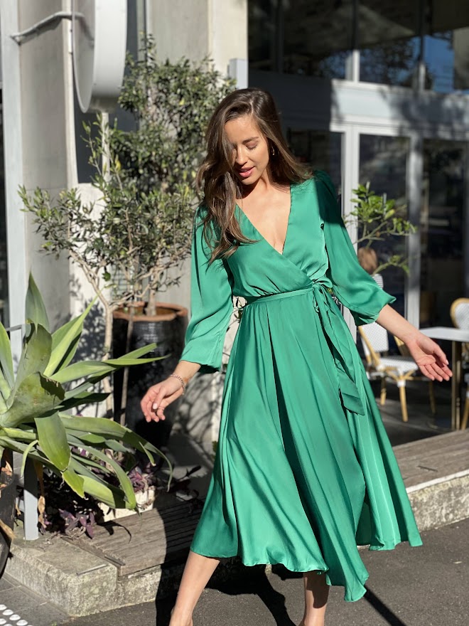 LA1148-2SS V-Neck Satin Wrap Dress - More Colours Available