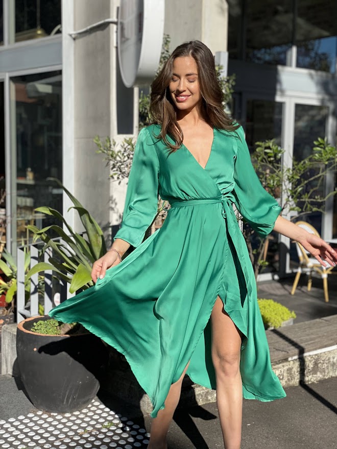 LA1148-2SS V-Neck Satin Wrap Dress - More Colours Available