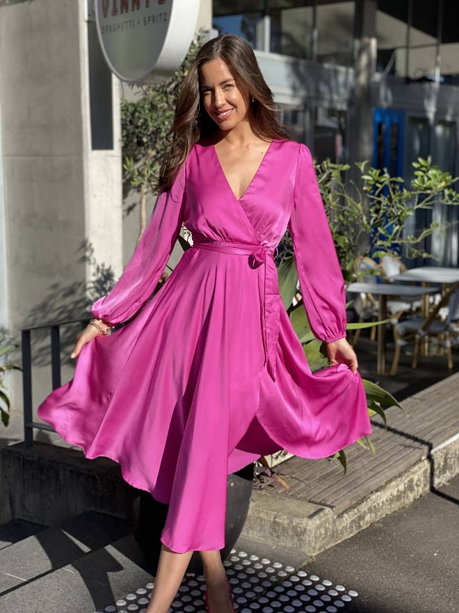 LA1148-2SS V-Neck Satin Wrap Dress - More Colours Available