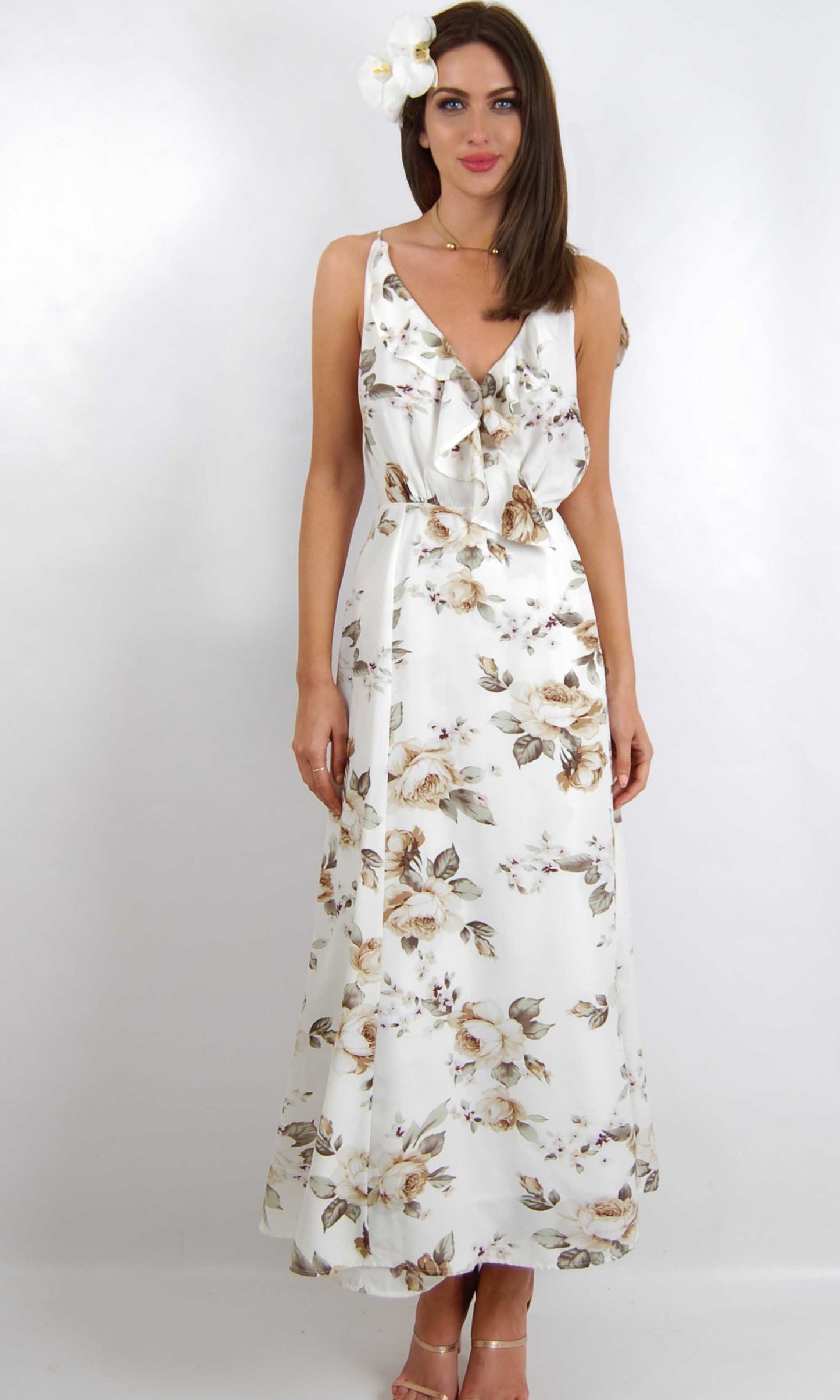 RV0197-1SS Crushed Crepe Floral Ruffle Maxi Dress (Pack)