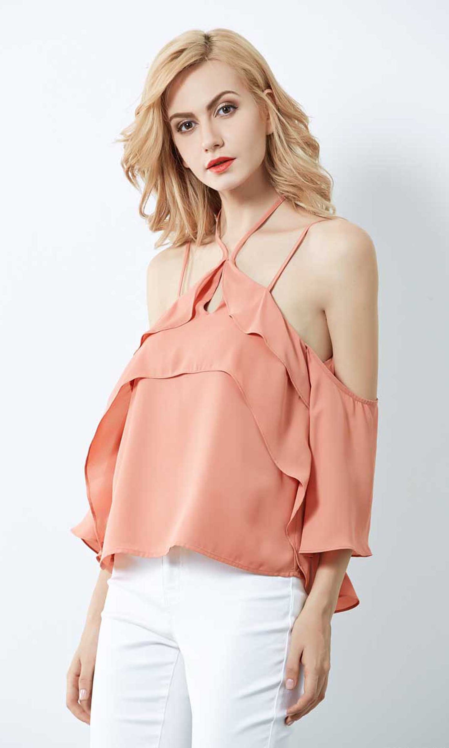 RV0276SS Ruffle Dusty Coral Cold-Shoulder Top (Pack) On Sale