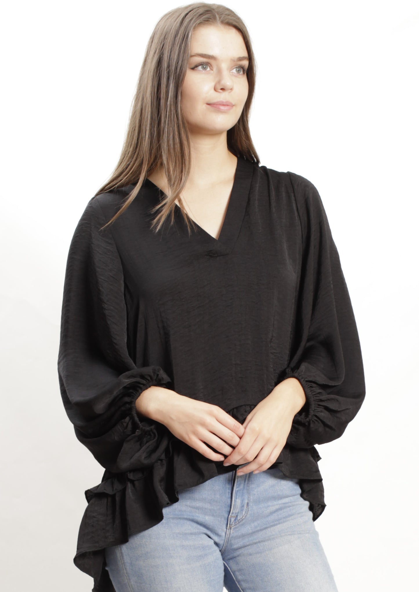 AY151SS V-Neck Top With Ruffle Hem (Pack)