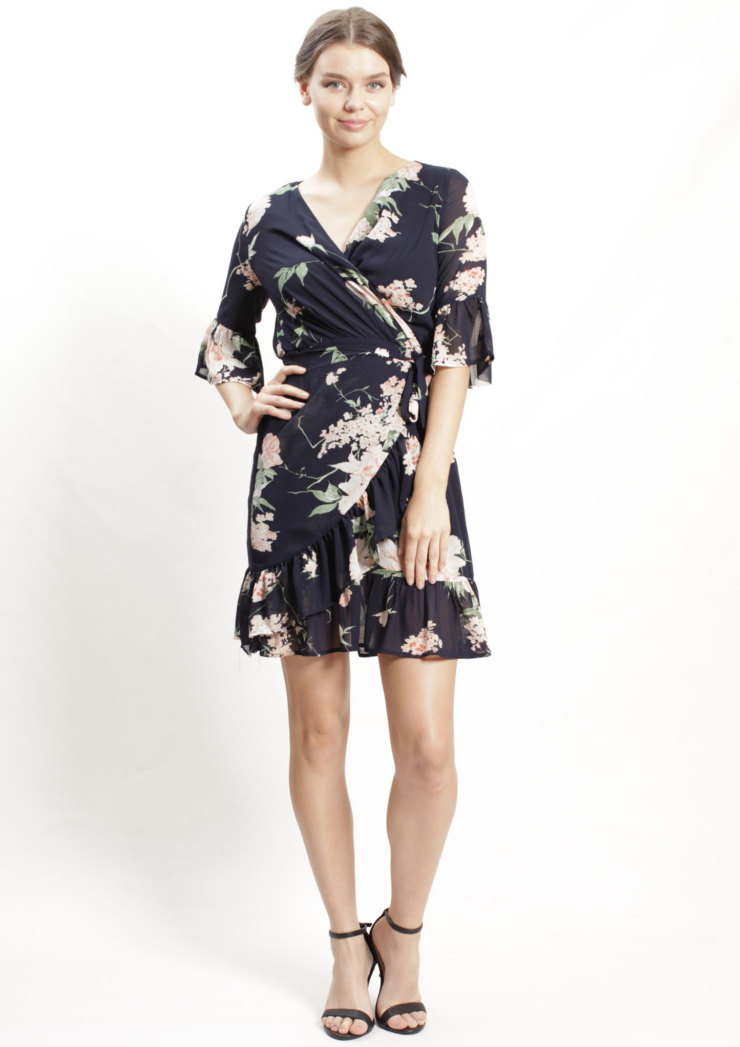 YW2343-1SS Navy Floral Wrap Dress (Pack)