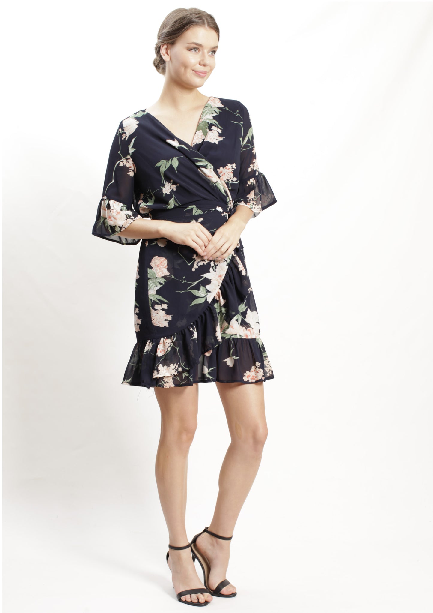 YW2343-1SS Navy Floral Wrap Dress (Pack)