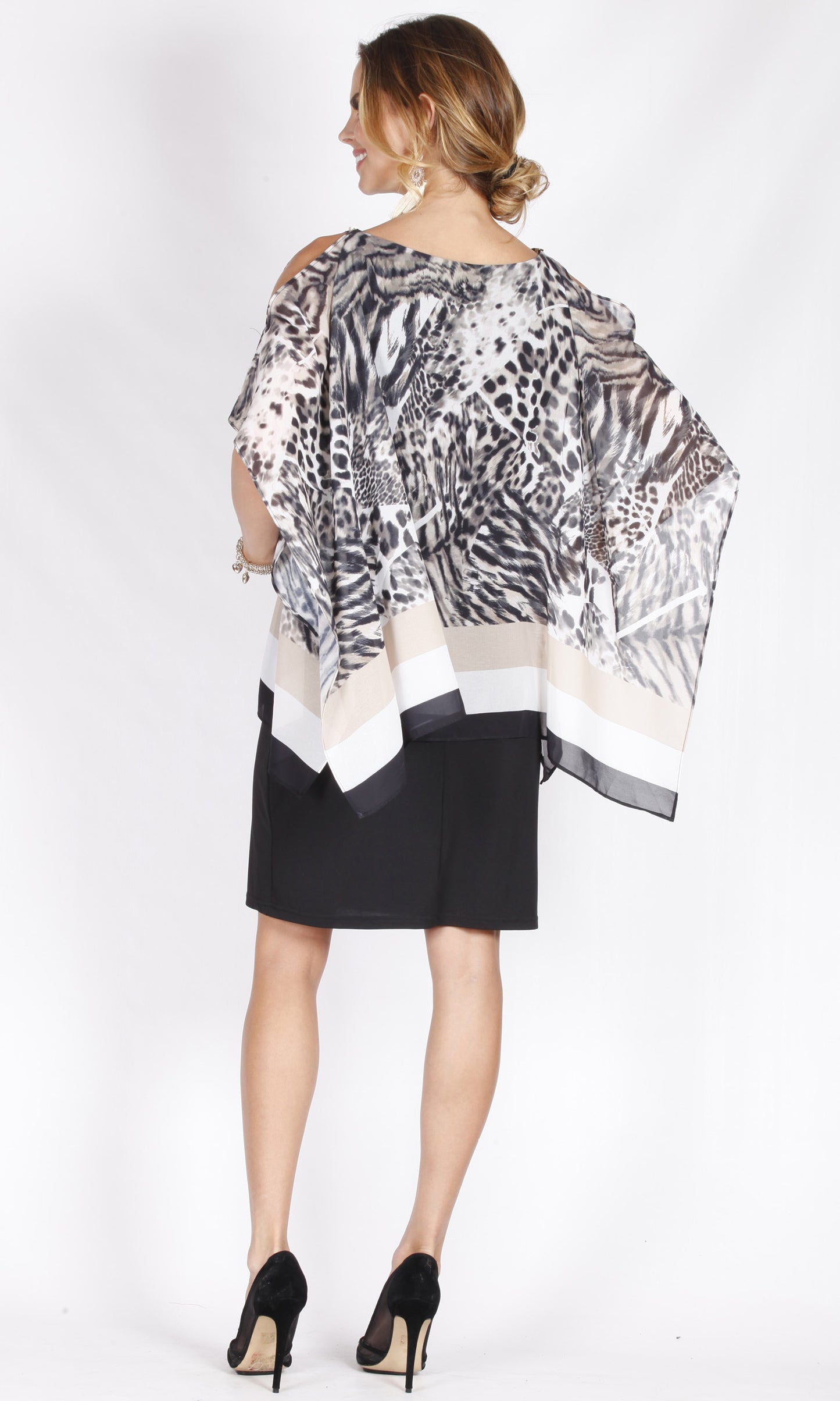 VS7346TB Animal Print with Horizontal Stripe Chiffon Overlay Dress (Pack)
