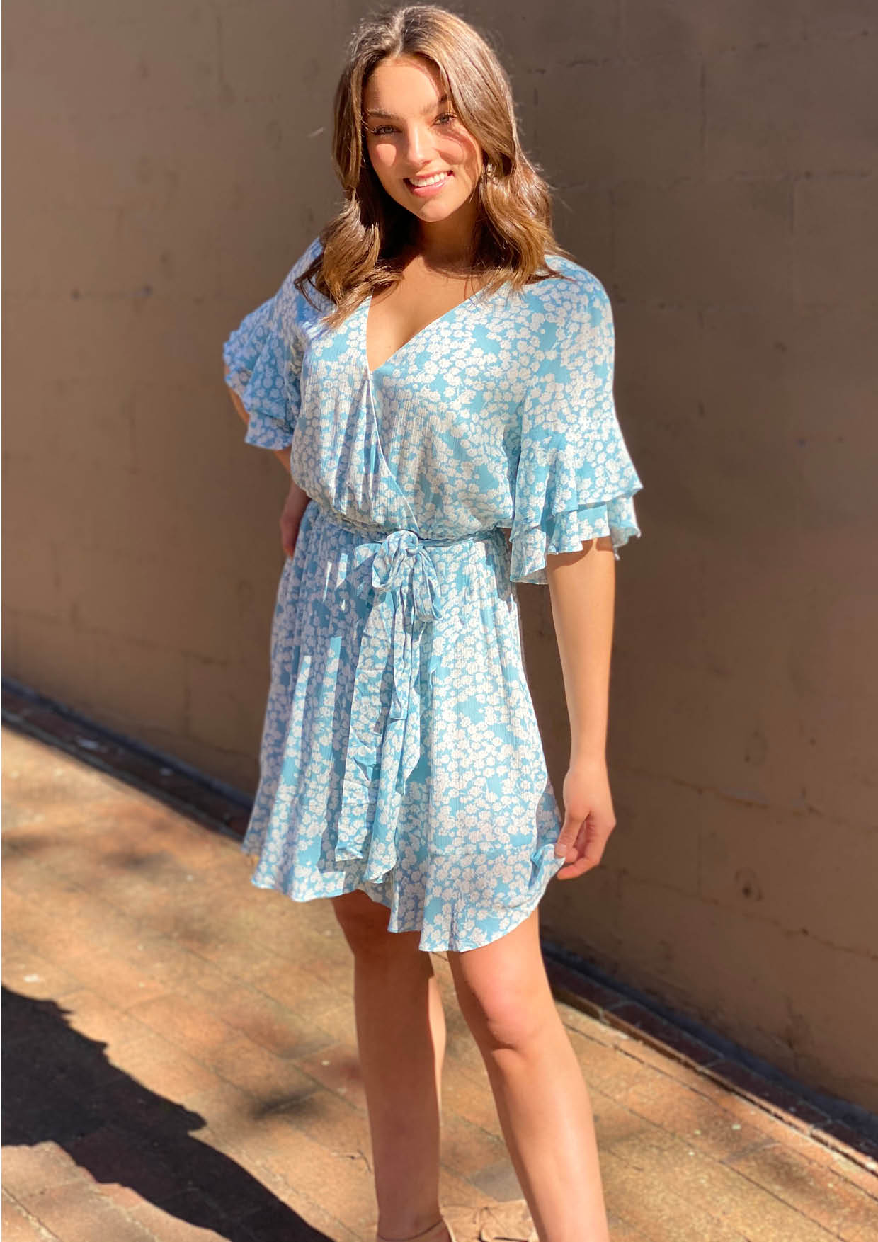 RV1096-7SS Ruffle Sleeve Floral Wrap Dress (Pack)
